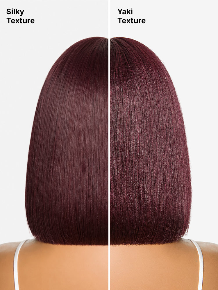 Reddish purple realistic glueless Yaki straight bob wig with bangs, minimalist lace cap, all-day comfort, by Luvme.