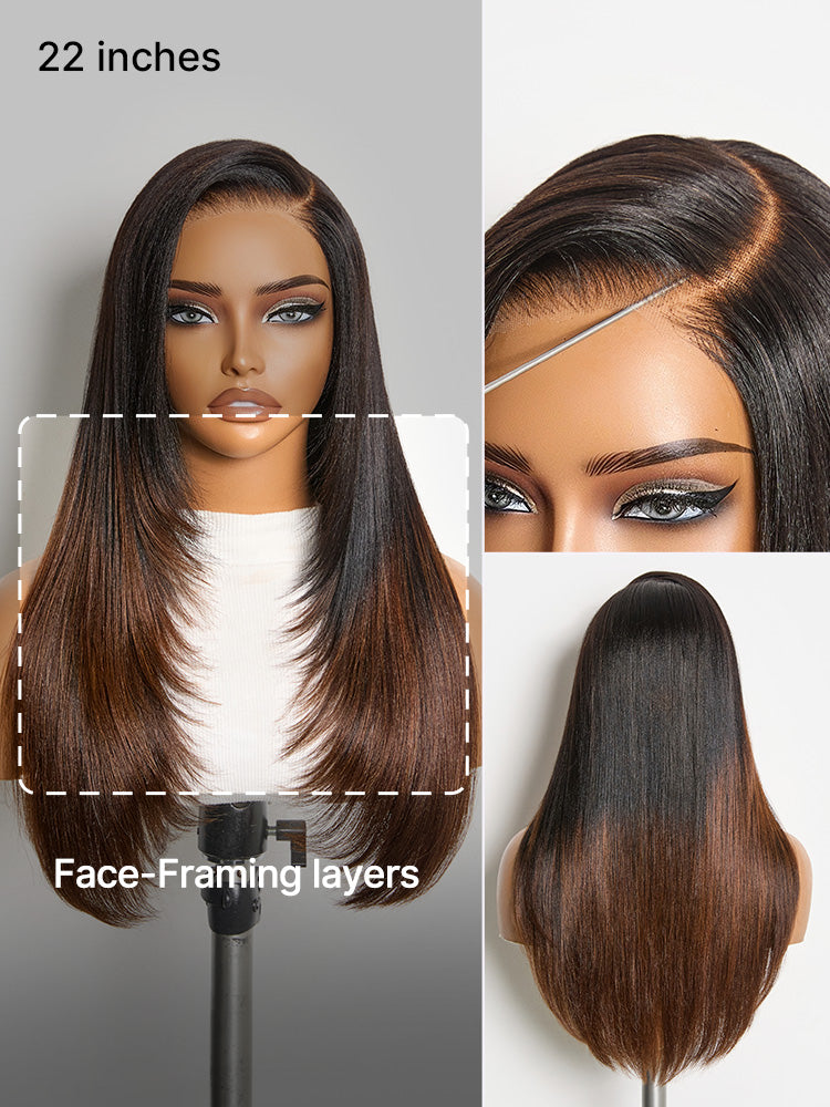 Luvme All-Day Comfort™ Wig 180% Density Ombre Brown Butterfly Cut Layered Light Yaki Straight Glueless 7x6 Closure HD Lace Human Hair Wig Pre-Cut Lace-80