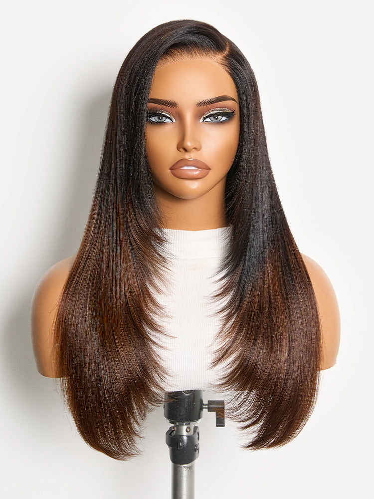 Luvme All-Day Comfort™ Wig 180% Density Ombre Brown Butterfly Cut Layered Light Yaki Straight Glueless 7x6 Closure HD Lace Human Hair Wig Pre-Cut Lace-75