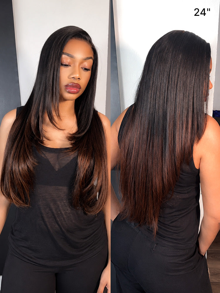 Luvme All-Day Comfort™ Wig 180% Density Ombre Brown Butterfly Cut Layered Light Yaki Straight Glueless 7x6 Closure HD Lace Human Hair Wig Pre-Cut Lace-76