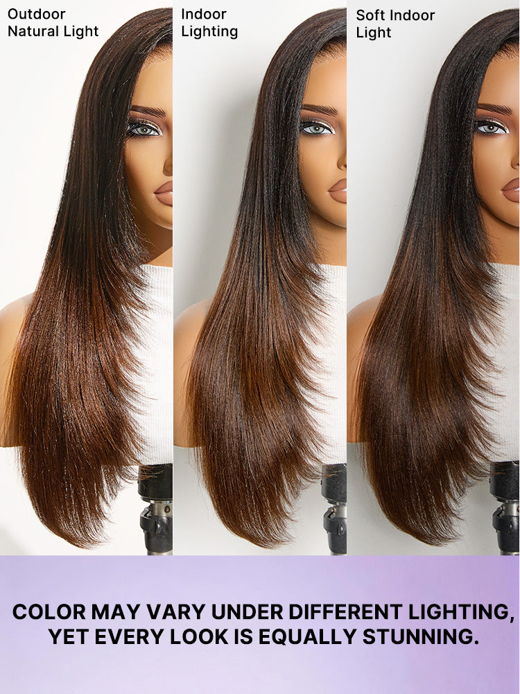 Luvme All-Day Comfort™ Wig 180% Density Ombre Brown Butterfly Cut Layered Light Yaki Straight Glueless 7x6 Closure HD Lace Human Hair Wig Pre-Cut Lace-88