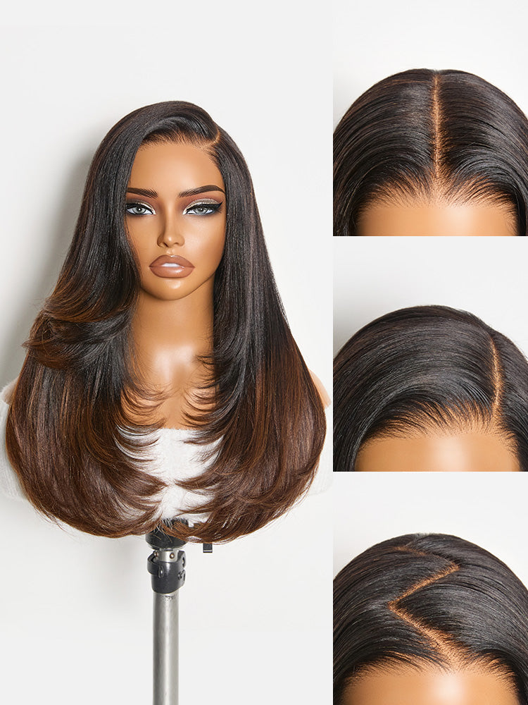 Luvme All-Day Comfort™ Wig 180% Density Ombre Brown Butterfly Cut Layered Light Yaki Straight Glueless 7x6 Closure HD Lace Human Hair Wig Pre-Cut Lace-87