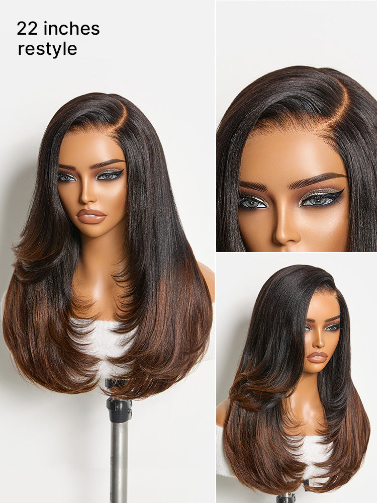 Luvme All-Day Comfort™ Wig 180% Density Ombre Brown Butterfly Cut Layered Light Yaki Straight Glueless 7x6 Closure HD Lace Human Hair Wig Pre-Cut Lace-79