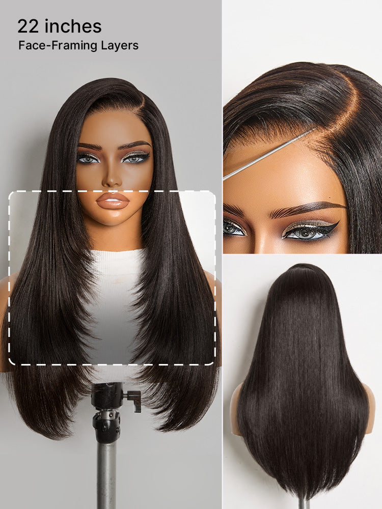 Luvme All-Day Comfort™ wig with layered light Yaki straight human hair, 180% density, butterfly cut, glueless 7x6 HD lace closure