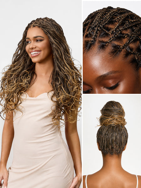 OwnScalpOmbre Honey Blonde French Curl Knotless Boho Braids HD Full Lace Long Wig Flexi Fit Invisi Drawstring Cap - US Only