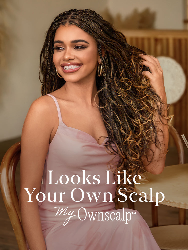 Luvme Hair OwnScalp™ Ombre Honey Blonde French Curl Knotless Boho Braid Wig with full lace, long length, and flexible cap.