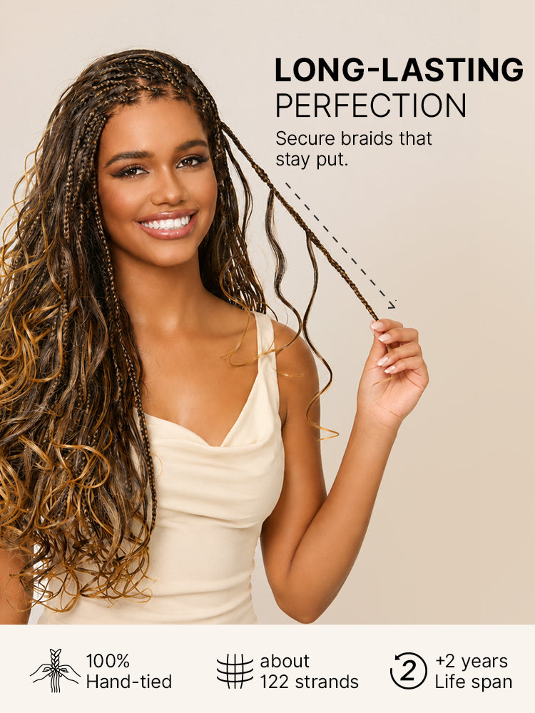 Luvme Hair OwnScalp Ombre Honey Blonde French Curl Knotless Boho Braids, full lace long wig with flexible fit and drawstring cap