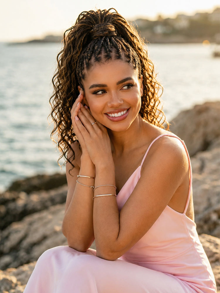 Luvme Hair OwnScalp™ Ombre Honey Blonde French Curl Knotless Boho Braids HD lace wig with drawstring cap, long and flexible fit.