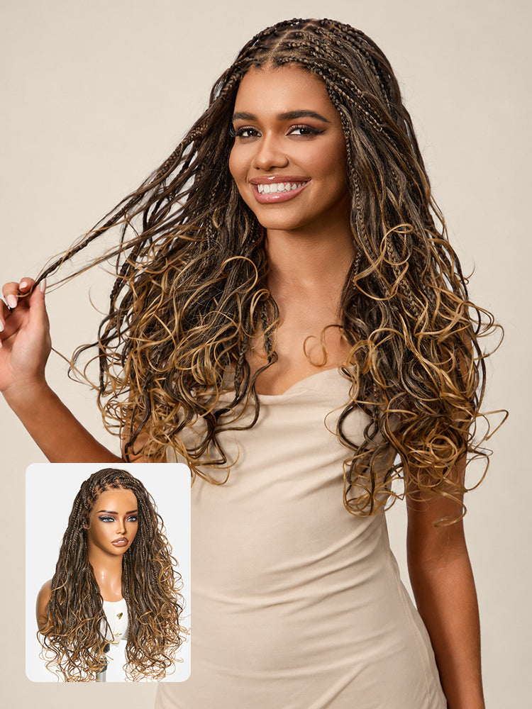 Luvme Hair OwnScalp Ombre Honey Blonde French Curl Knotless Boho Braids HD full lace wig with invisible drawstring cap on a model