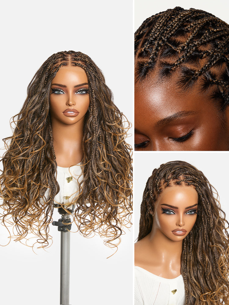 Luvme Hair OwnScalp Ombre Honey Blonde French Curl Knotless Boho Braids HD Lace Wig with drawstring cap