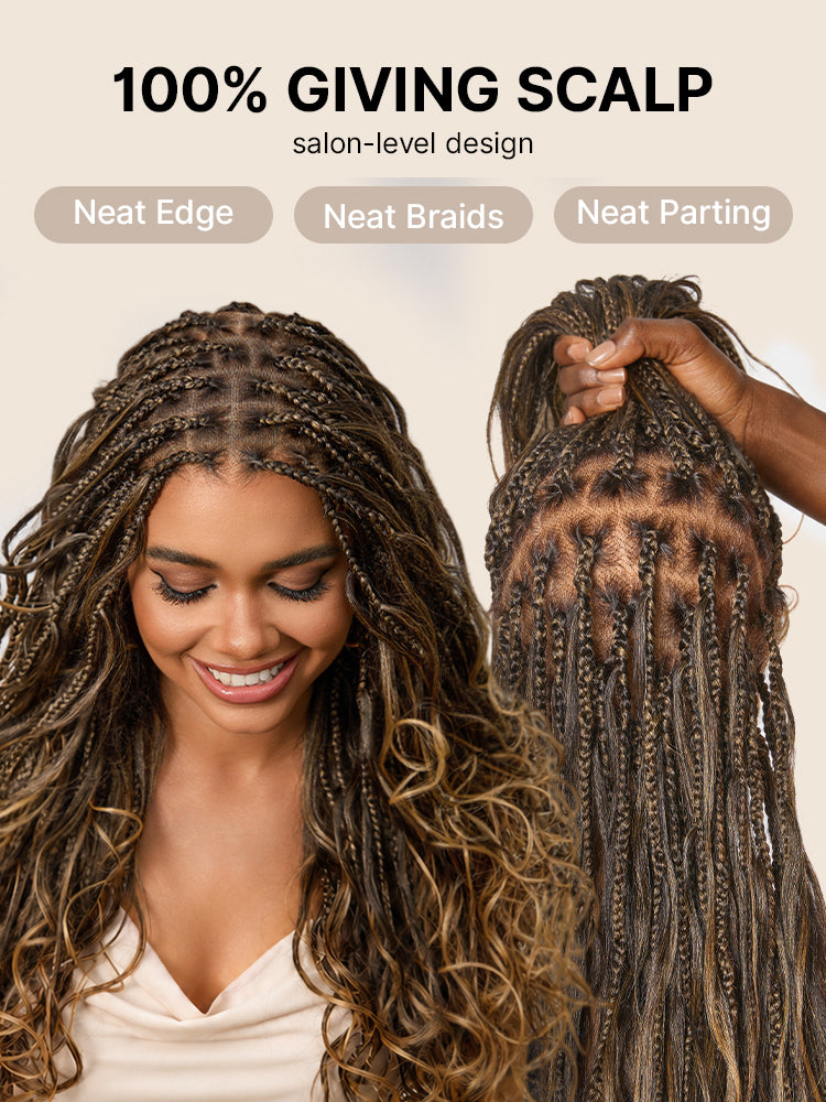 Luvme Hair OwnScalp™ Ombre Honey Blonde French Curl Knotless Boho Braid Wig with full lace, long length, and flexible drawstring cap