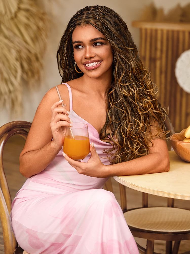 Luvme Hair OwnScalp Ombre Honey Blonde French Curl Knotless Boho Braids long lace wig with flexible fit and drawstring cap.