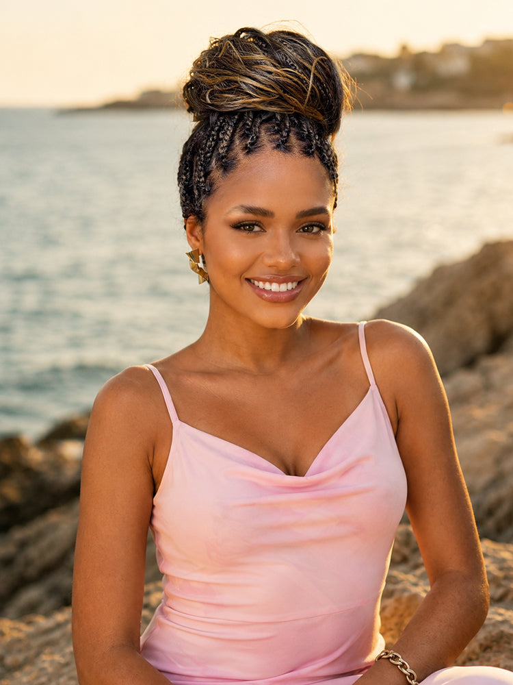 Luvme Hair OwnScalp™ Ombre Honey Blonde French Curl Knotless Boho Braids HD lace long wig on a flexible fit drawstring cap.