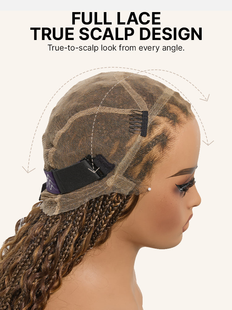 Luvme Hair OwnScalp Ombre Honey Blonde French Curl Knotless Boho Braid Wig with full lace, long length, and flexible drawstring cap.