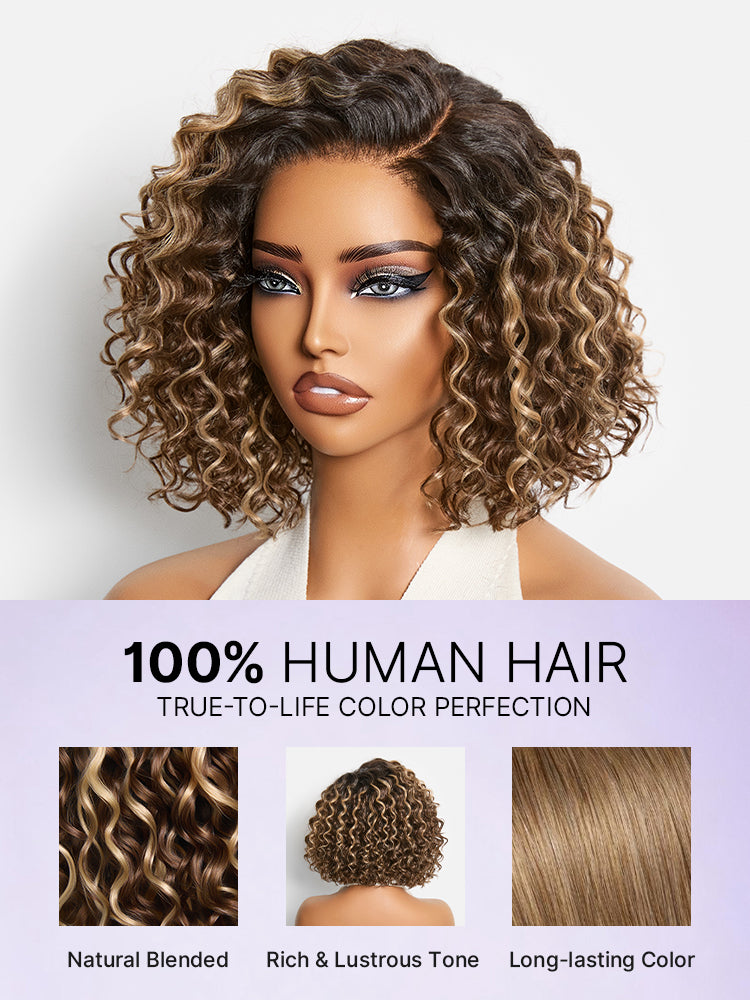 Luvme Hair blonde and black ombre water wave short curly bob wig with HD lace, pre-cut lace, and natural water wave texture