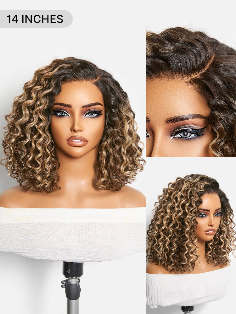 Luvme Hair blonde to black ombre water wave short curly bob wig with pre-cut lace and glueless design, natural hairline.