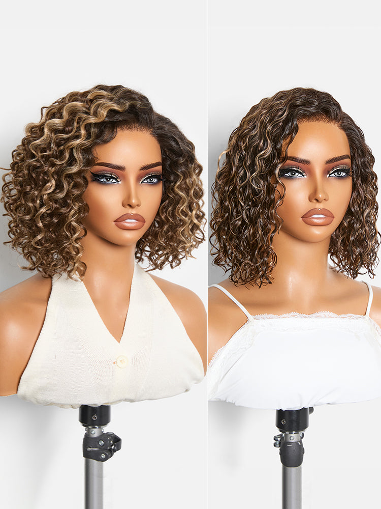 Luvme Hair blonde highlight and black ombre water wave short curly bob wig with HD lace, pre-cut, glueless, natural look