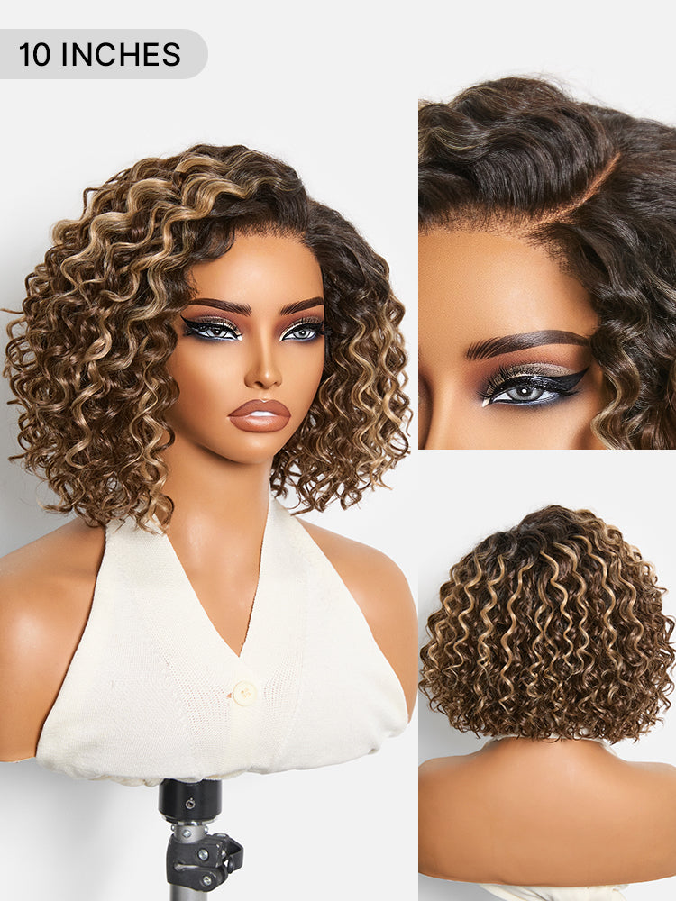 Luvme Hair blonde highlight and black ombre water wave short curly bob wig with pre-cut HD lace, glueless, natural look