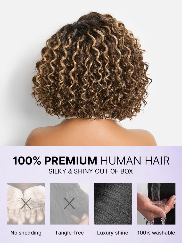 Luvme Hair blonde ombre water wave bob wig with natural black roots, short curly style, glueless HD lace, pre-cut for easy wear