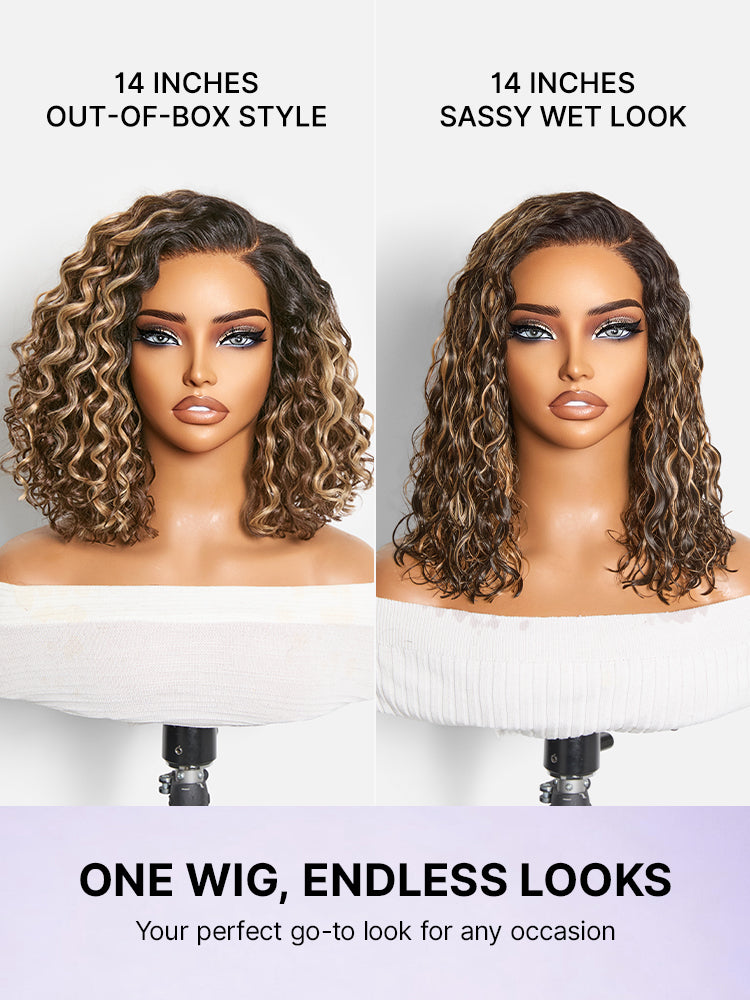 Luvme Hair blonde highlight and natural black ombre water wave short curly bob wig with HD lace and pre-cut lace, glueless style
