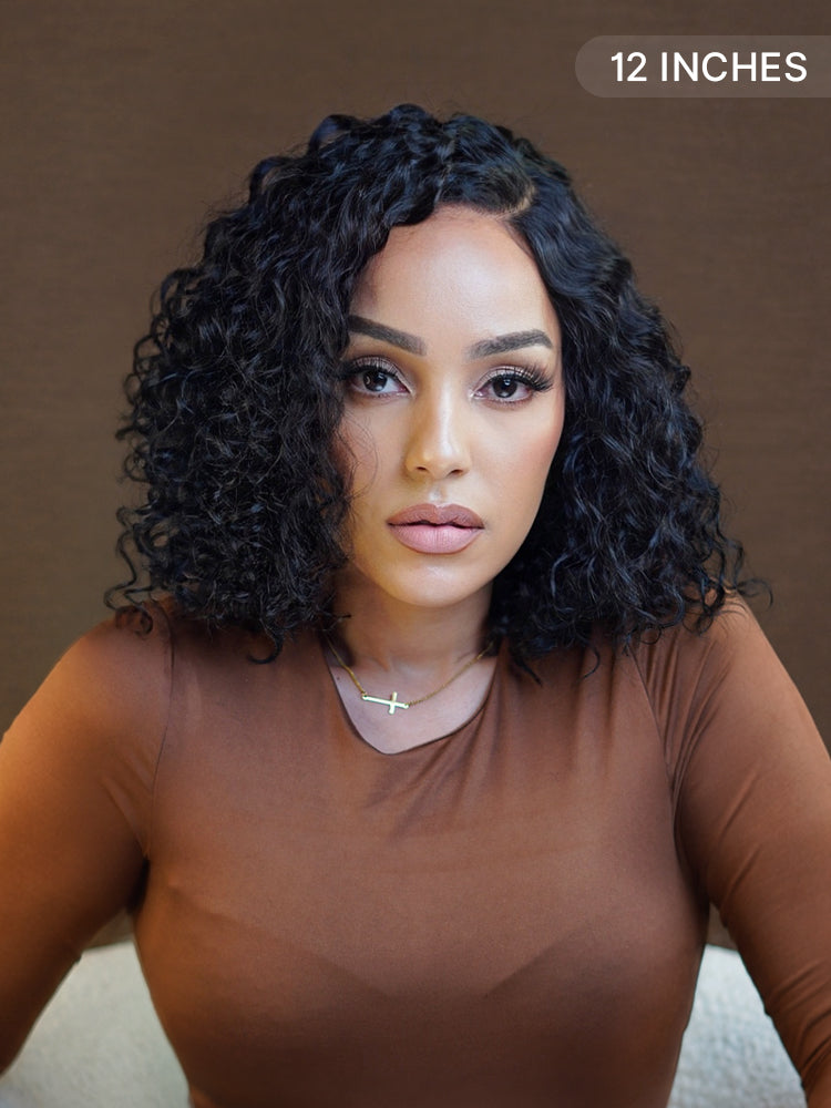 Luvme Hair blonde highlight and black ombre water wave short curly bob wig with HD lace and pre-cut lace, glueless styling.