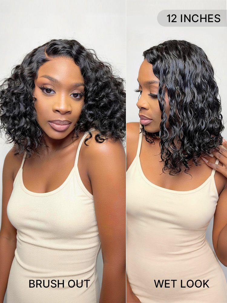 Luvme Hair blonde highlight to black ombre water wave short curly bob wig with HD lace and pre-cut lace, glueless and minimalist style.