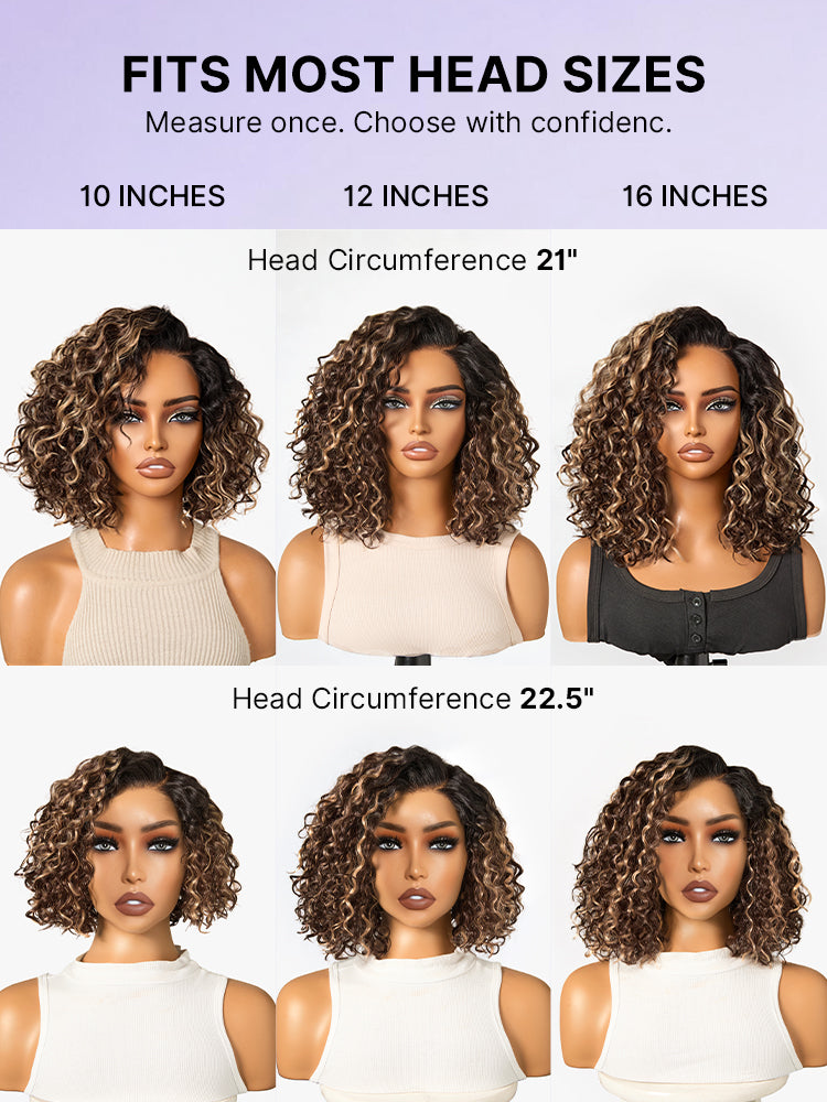 Luvme Hair blonde and black ombre water wave short curly bob wig with HD lace, pre-cut lace, and glueless design.