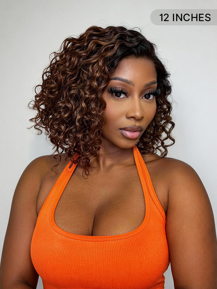 Luvme Hair blonde to black ombre water wave short curly bob wig with HD lace, glueless, pre-cut lace for natural look.