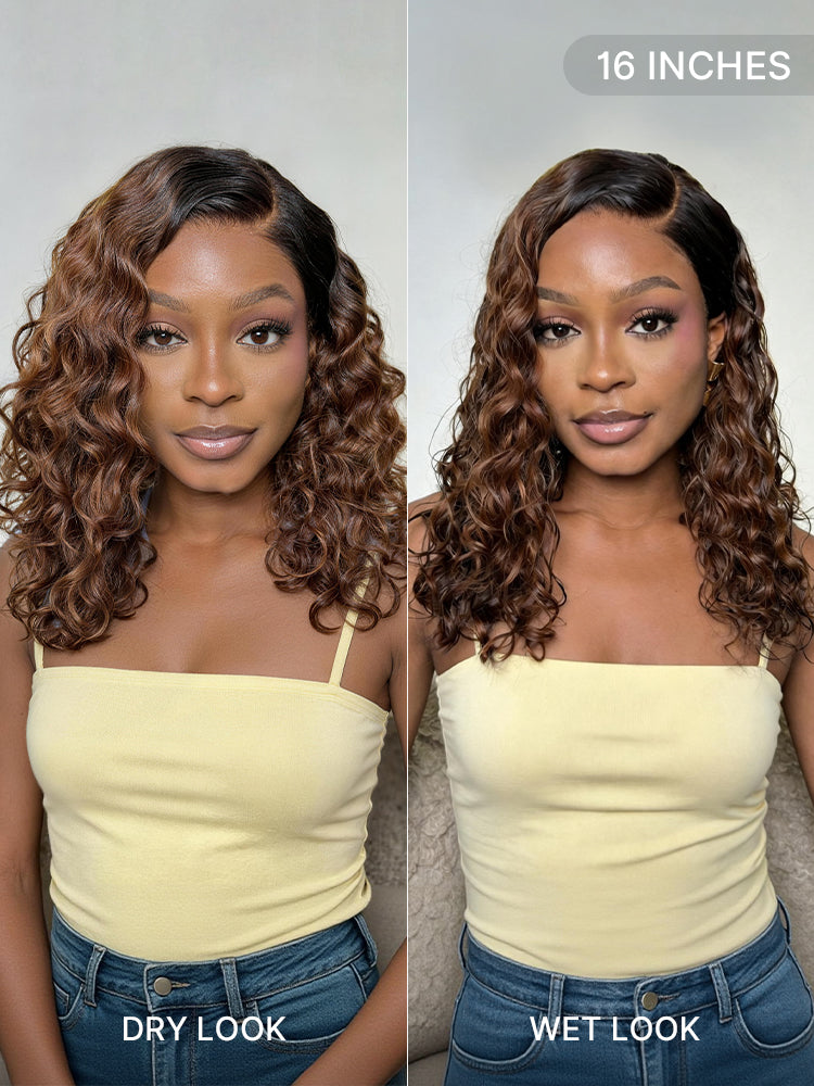 Luvme Hair blonde highlight and black ombre water wave short curly bob wig with HD lace and pre-cut lace, glueless and minimalist style.