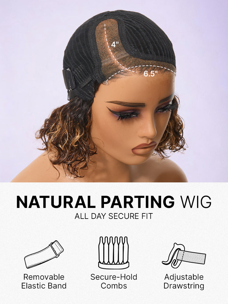 Luvme Hair blonde highlight and natural black ombre water wave short curly bob wig with HD lace and pre-cut lace, glueless style