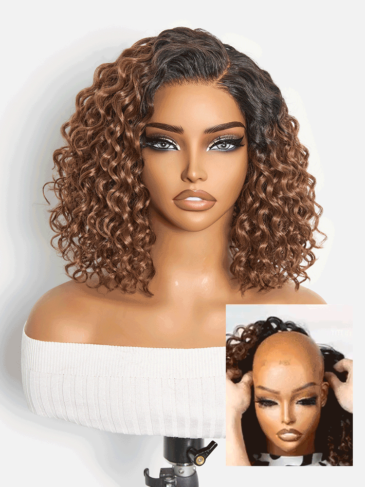 Luvme Hair blonde highlight and black ombre water wave short curly bob wig with glueless HD lace and pre-cut lace detailing.