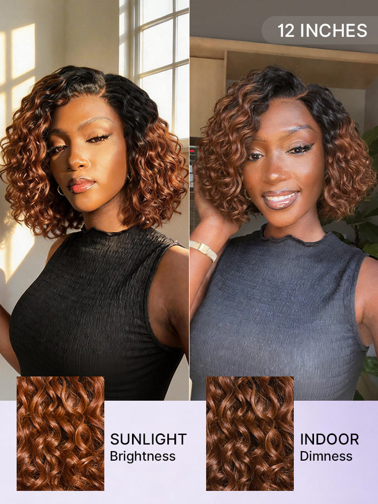 Luvme Hair blonde highlight ombre brown water wave short curly bob wig with HD lace, pre-cut, glueless, natural black to blonde transition