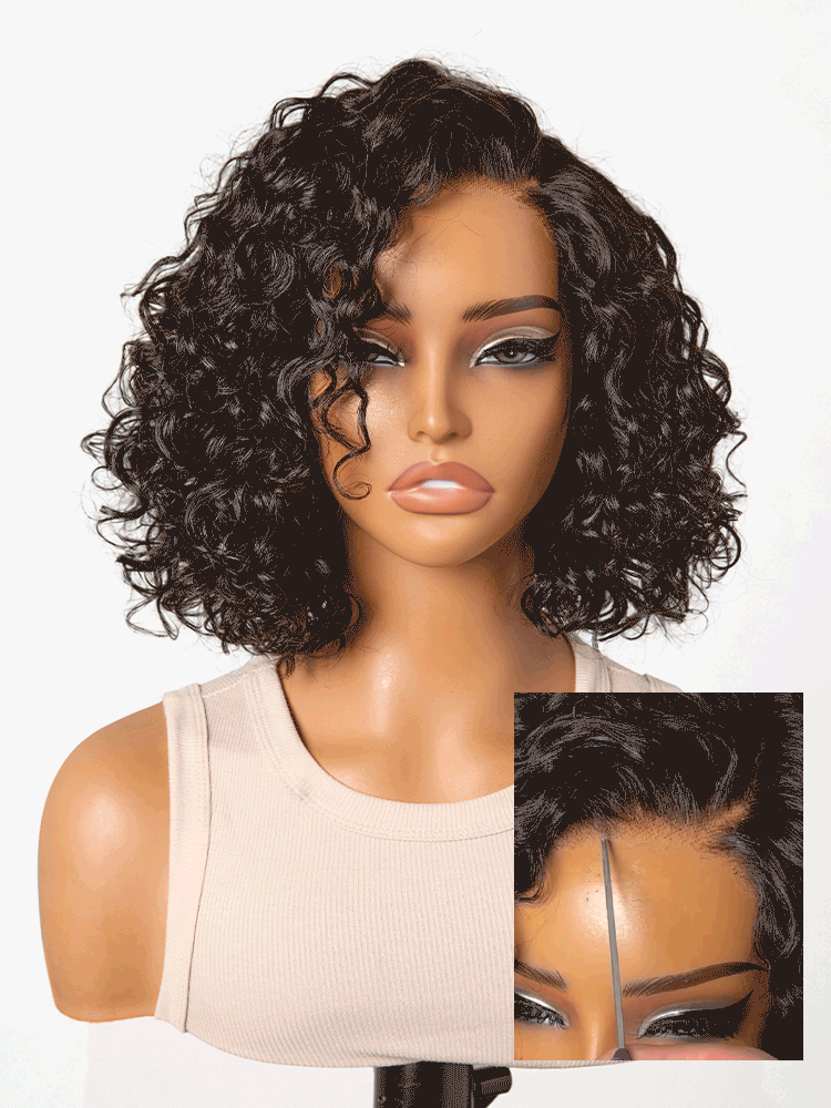 Luvme Hair blonde and black ombre water wave short curly bob wig with HD lace, pre-cut, glueless, minimalist style.
