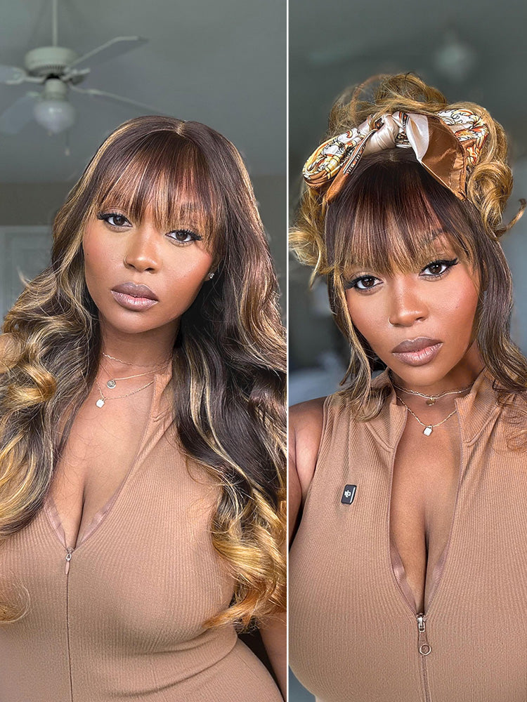 Luvme All-Day Comfort™ Wig 180% Density Ombre Blonde Highlight Loose Body Wave Glueless 7x6 Closure HD Lace Human Hair Wig with Bangs Pre-Cut Lace-36