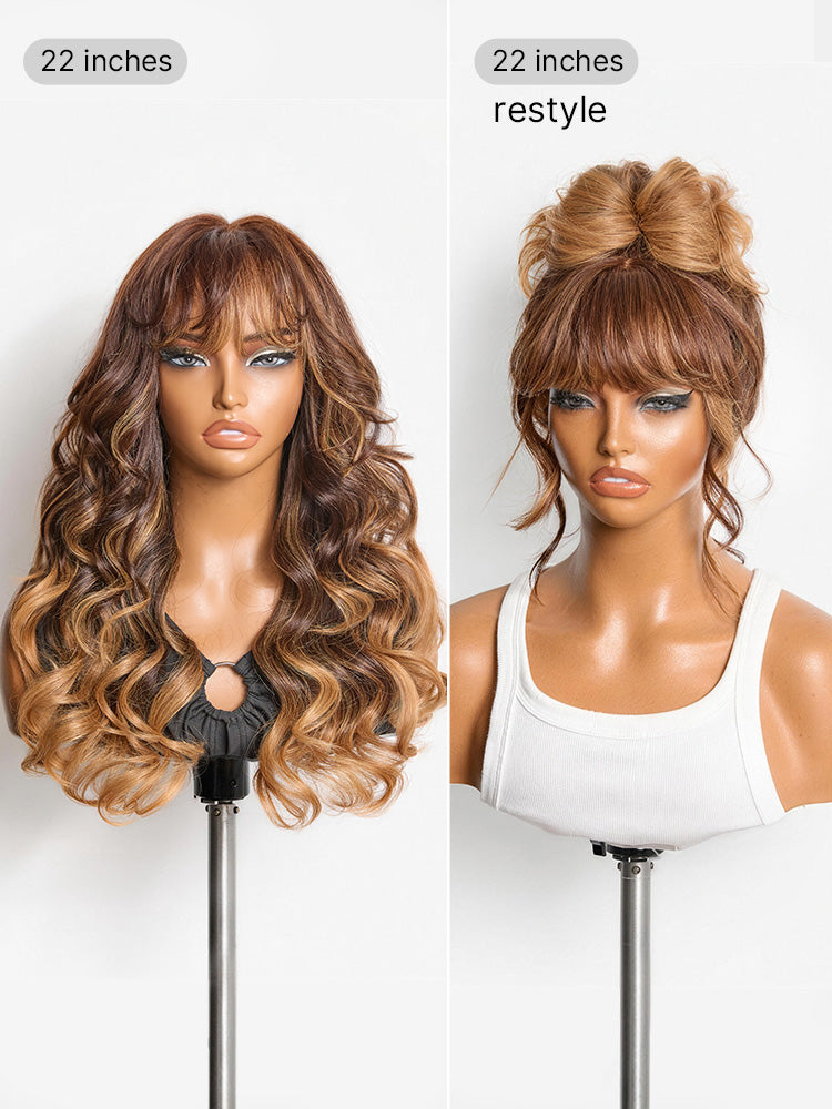 Luvme All-Day Comfort™ wig with loose body wave, ombre blonde highlights, bangs, 7x6 HD lace closure, human hair.