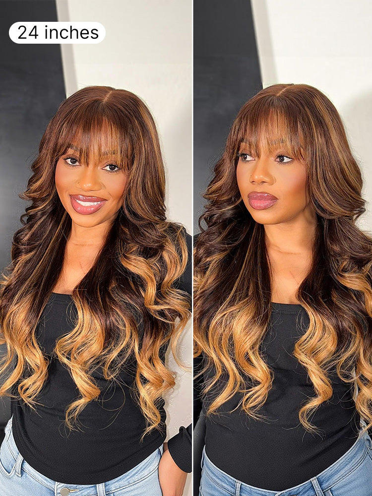 Luvme All-Day Comfort™ wig with loose body wave, ombre blonde highlights, bangs, 7x6 HD lace closure, glueless human hair wig