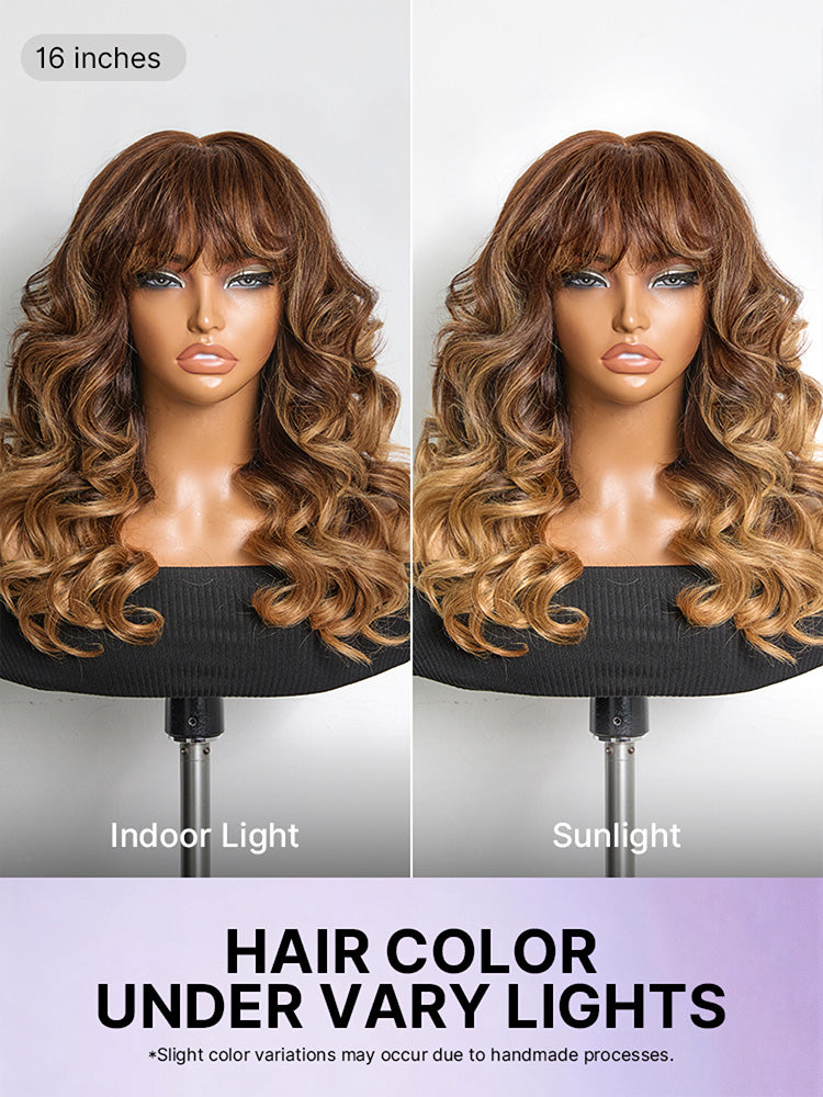 Luvme All-Day Comfort™ wig with loose body wave ombre blonde highlights, bangs, 7x6 HD lace closure, glueless human hair wig