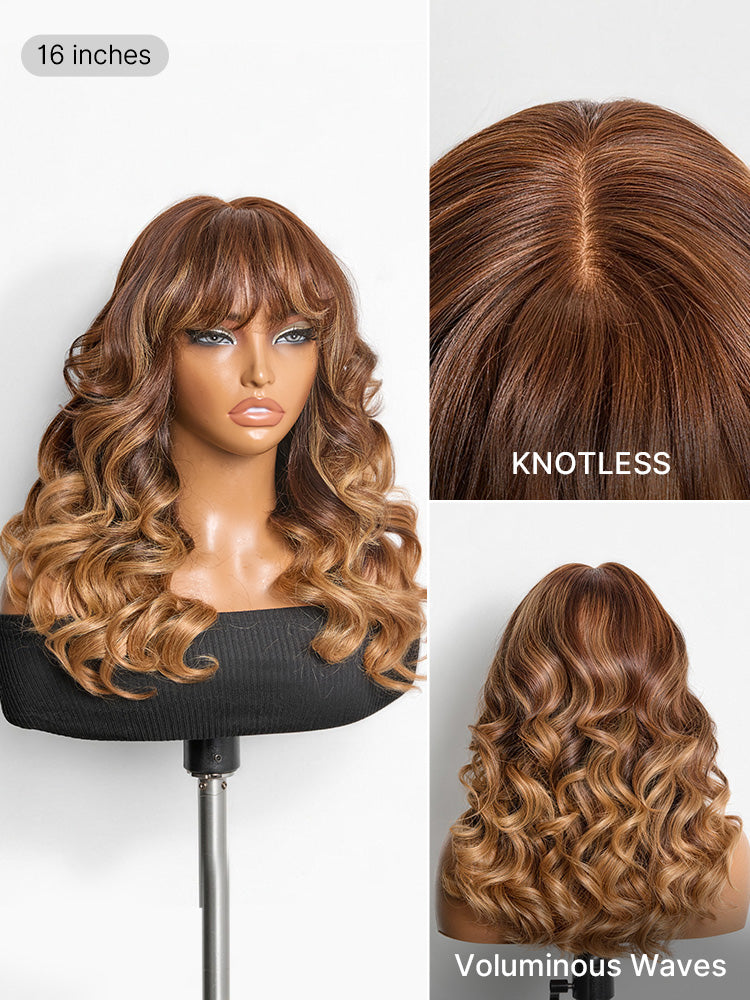 Luvme All-Day Comfort™ wig with ombre blonde highlights, loose body wave, glueless 7x6 HD lace closure, human hair with bangs