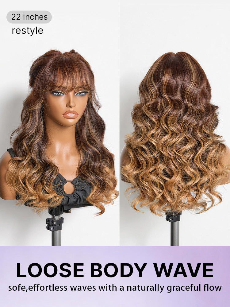 Luvme Hair All-Day Comfort™ wig with ombre blonde highlights, loose body wave, bangs, glueless HD lace, 7x6 closure, human hair