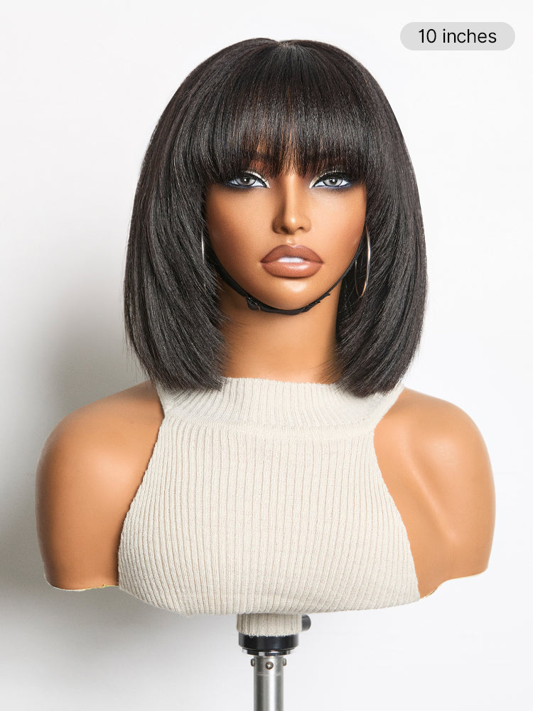 Luvme layered Yaki straight lace bob wig with bangs in brown highlights and natural black, styled for a put-on-and-go look