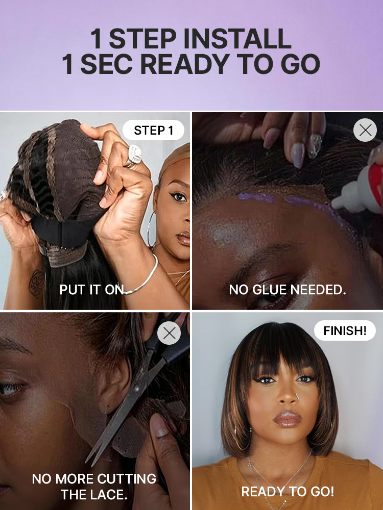 Luvme layered lace bob wig with bangs, featuring brown highlight and natural black Yaki straight hair, easy to wear and stylish.