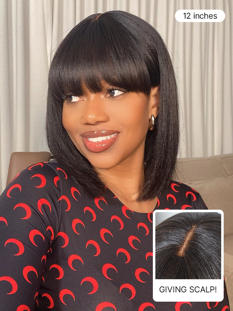 Luvme layered lace bob wig with bangs, brown highlights, natural black color, straight Yaki texture, ready to wear.