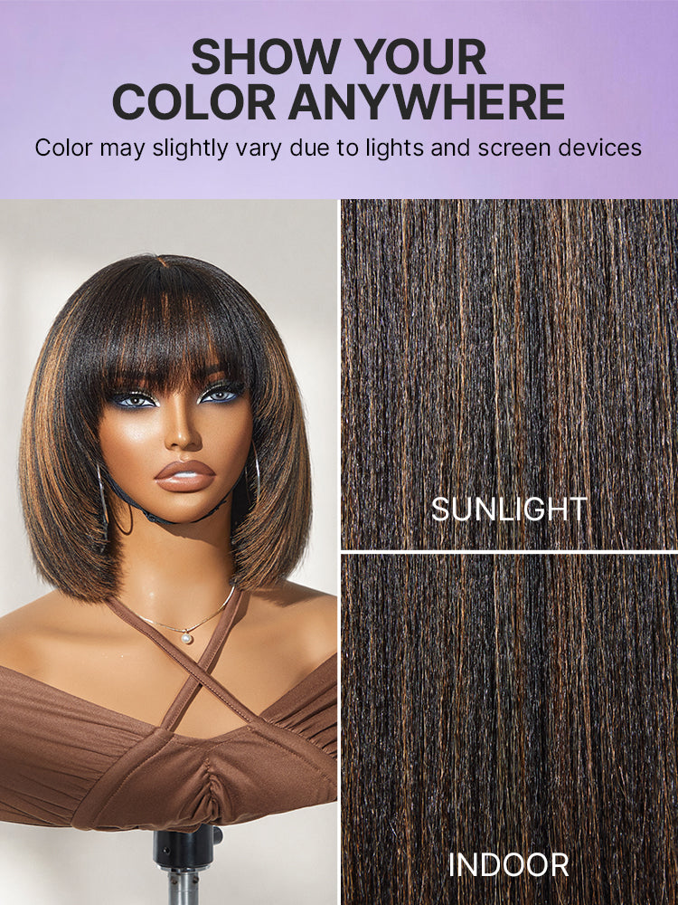 Luvme layered bob wig with bangs, put on and go brown highlights and natural black Yaki straight hair, minimalist lace cap style