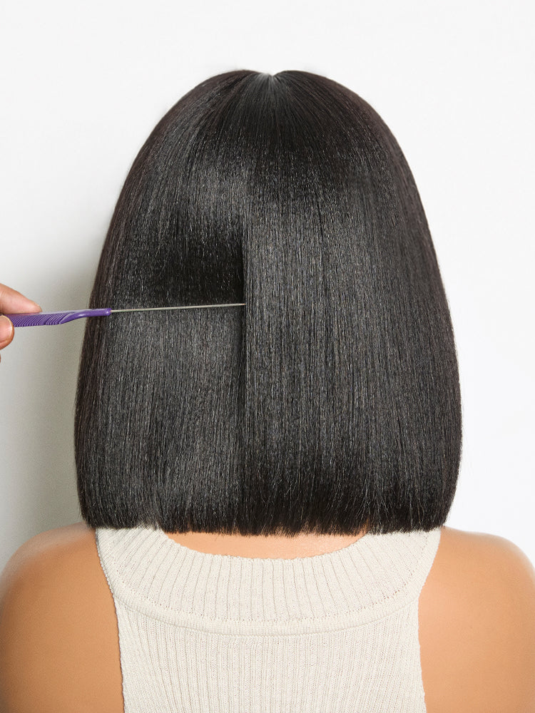 Luvme layered lace bob wig with bangs in brown highlight and natural black, straight yaki texture, styling for effortless beauty.