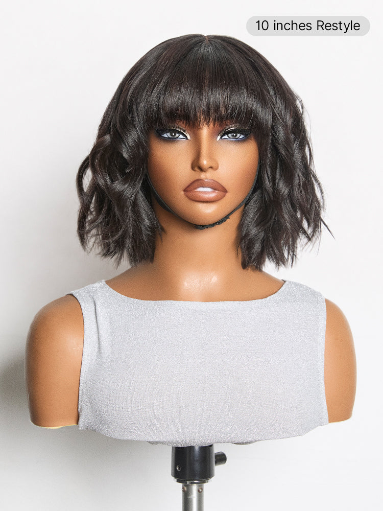 Luvme layered bob wig with bangs, brown highlights, natural black color, straight yaki texture, minimalist lace front for easy wear