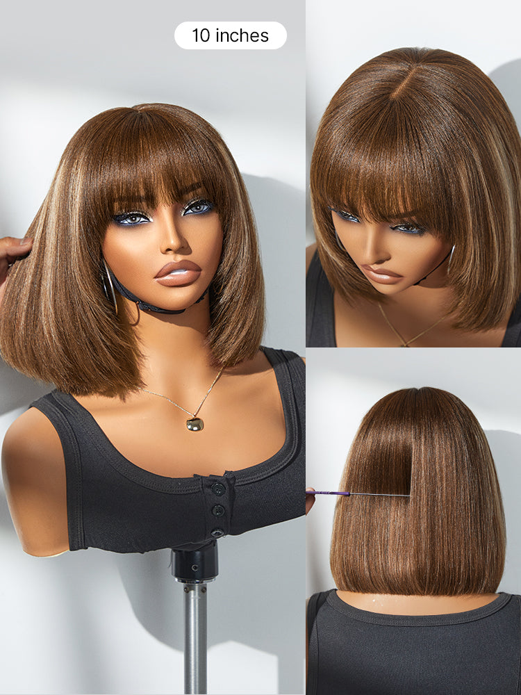 Luvme layered lace bob wig with bangs, brown highlight and natural black color, straight Yaki texture, put-on-and-go style.