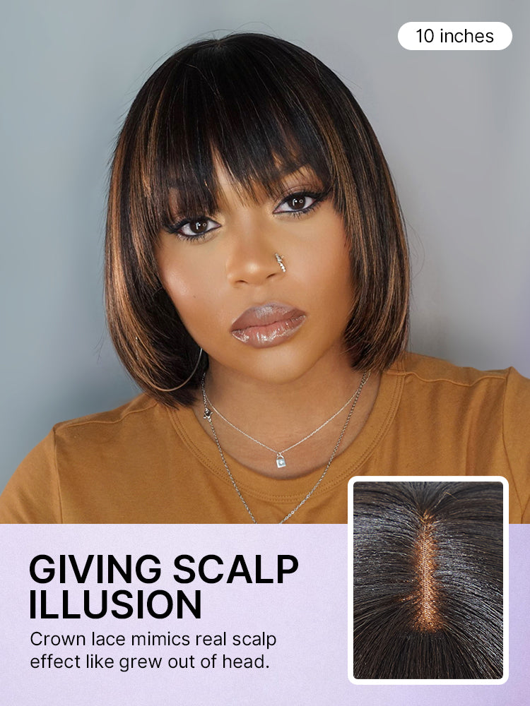 Luvme layered Yaki straight lace bob wig with bangs in brown highlights and natural black, styled with a put-on-and-go look.