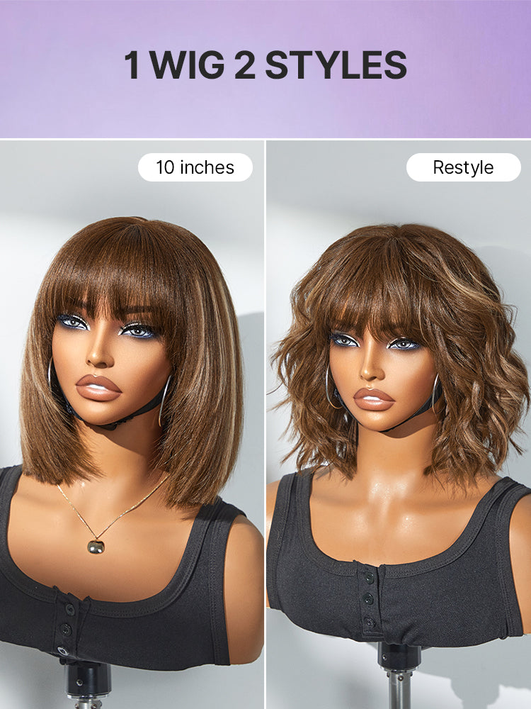 Luvme layered Yaki straight lace bob wig with bangs in natural black and brown highlights, minimalistic style, ready to wear.