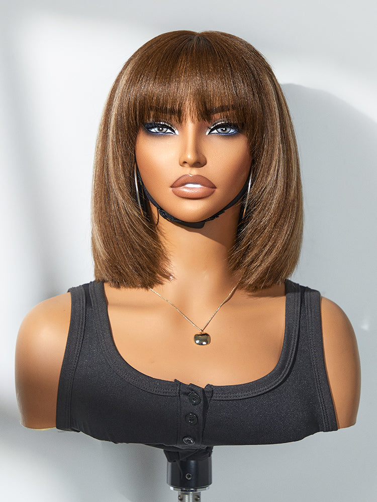 Luvme layered Yaki straight lace bob wig with bangs in natural black and brown highlights, styled with a minimalist look.