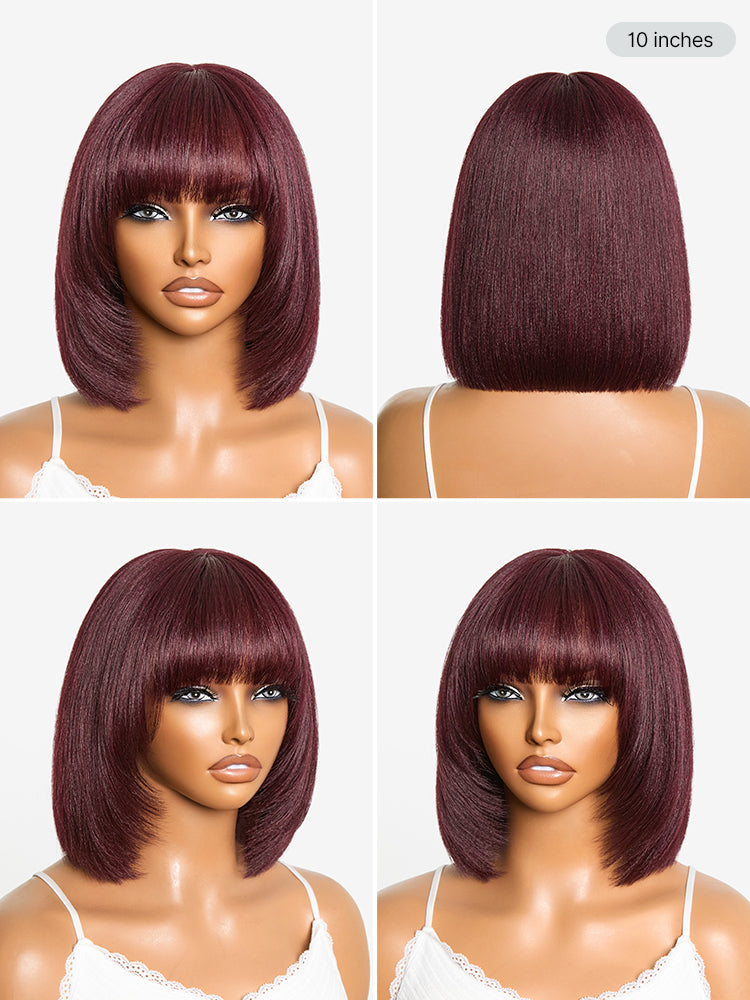 New Customers Only | Reddish Purple Realistic Glueless Yaki Straight Bob with Bangs Minimalist Lace Bob Wig All-Day Comfort Cap-14